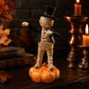 Small Halloween Window Display Dancing Mummy Figurines with Pumpkin Base, Funny Gentleman Top Ornament Hat Statue, Spooky Tabletop Decor for