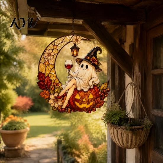 Fun Patio Accessories 2D Ghost Moon Pumpkin Acrylic Suncatcher, Halloween Window Farmhouse Exterior Ornament Hanging Ornament, Autumn Thanksgiving