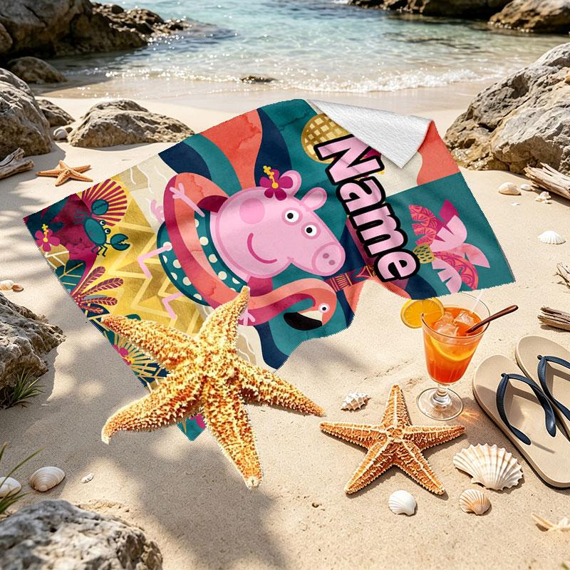 Custom Name Personalized Peppa Pig Print Beach Towel, for Trip Camping Beach Party Home Decor, Birthday Gift for Family & Friends