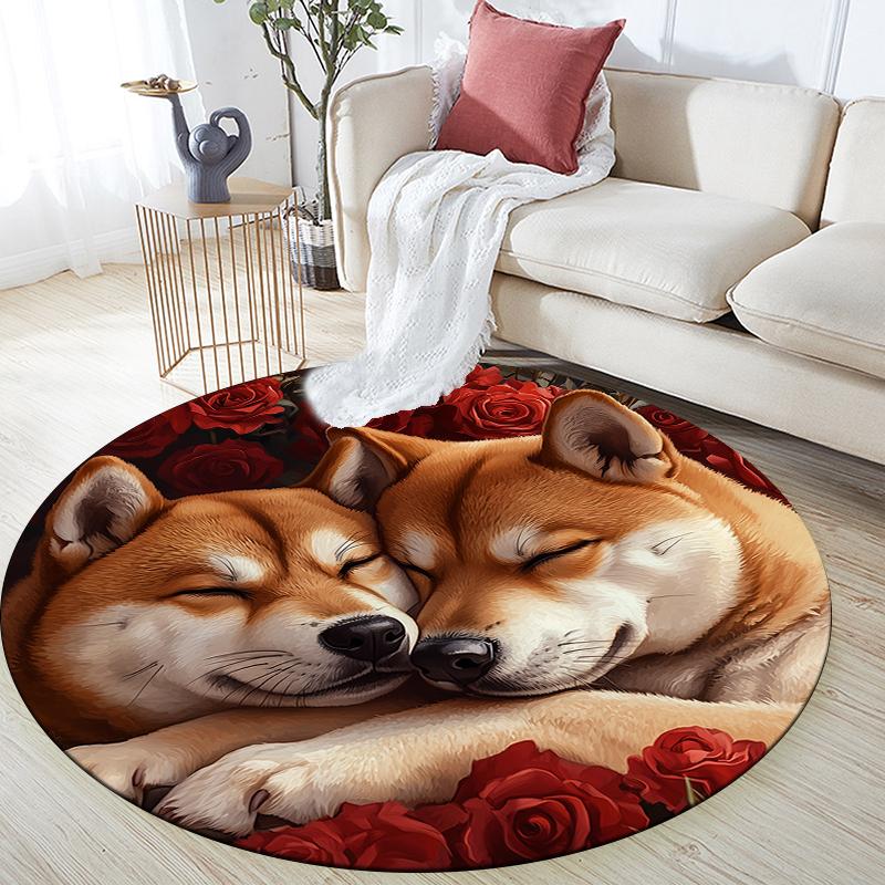 Shiba Inu and rose pattern round rug,Carpet Rug for Living Room Bedroom Playroom ,Non-slip Floor Mat,Holiday Gifts and Birthday Gifts.