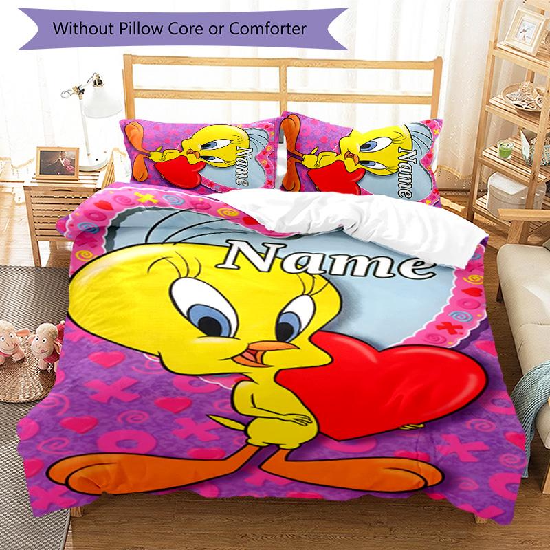 3pcs Tweety3 Cover Set - Personalized Name, HD Printed Bedding with 1 Cover and 2 Pillowcases - Perfect for Home Decor, Easy Care