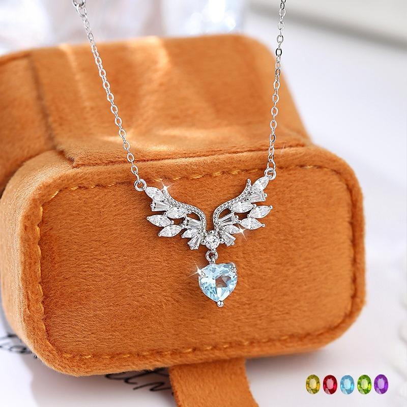S925 sterling silver angel wings necklace Korean version of natural spar premium pendant fashionable simple collarbone chain women's fashion gift