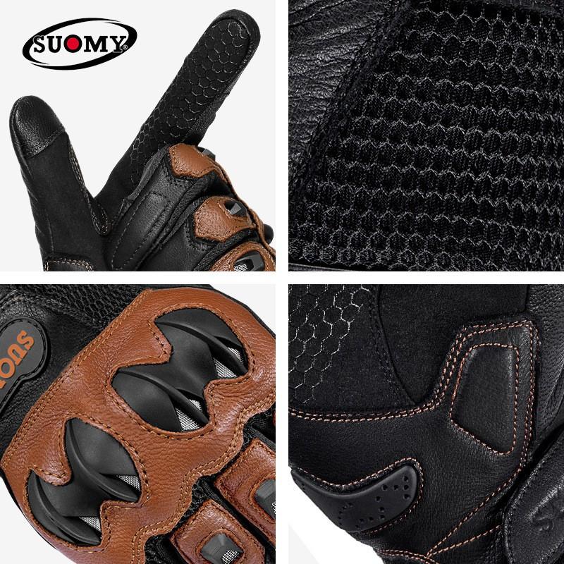 Mens Genuine Leather Motorcycle Gloves Summer Breathable Anti-Slip Crash Protection Cycling Protective Gear Safety Riding