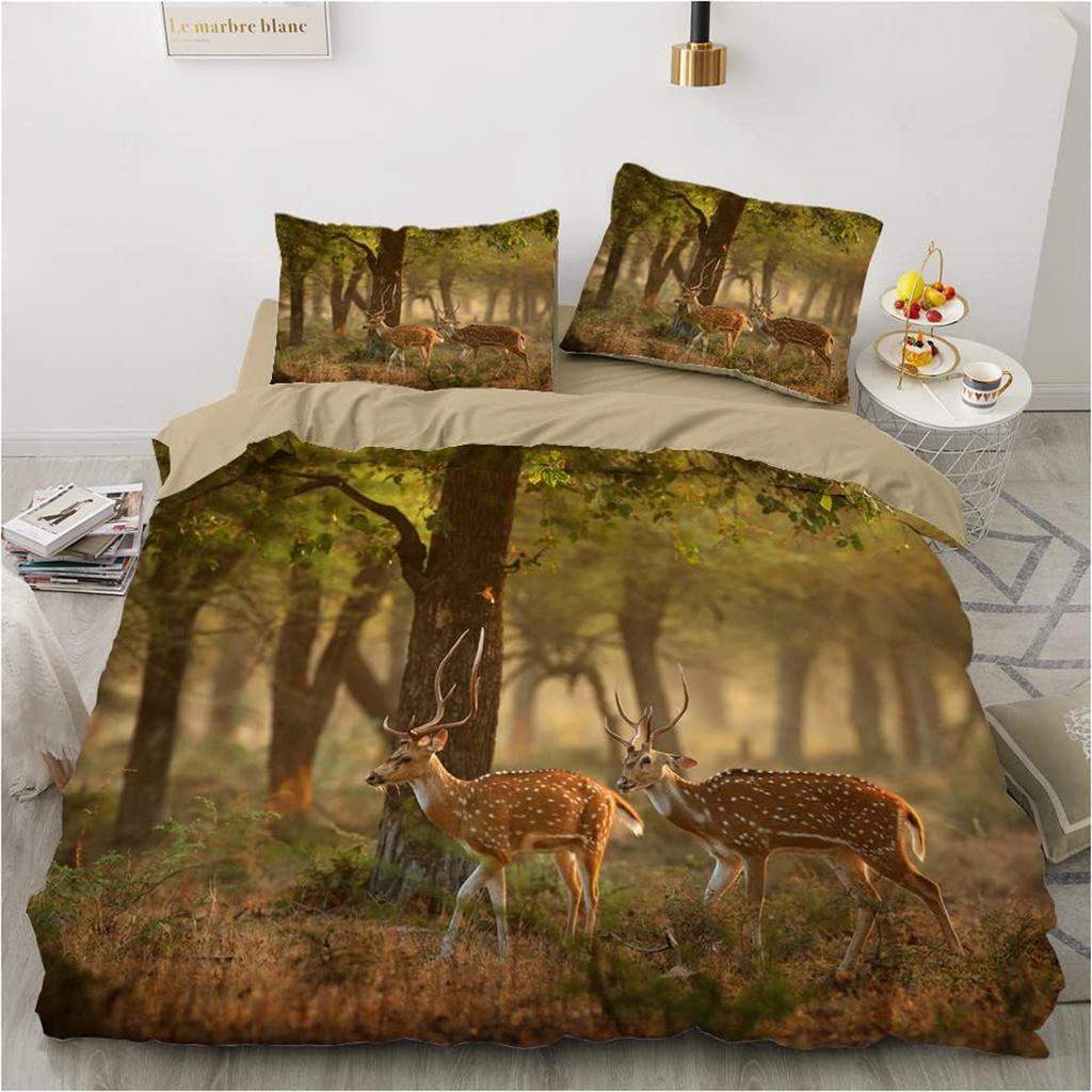 Cartoon Forest Animal Sika Deer Duvet Cover Single Bedding Set for Boys Girls Teens Adults,Soft Microfibre Quilt Cover 2 Piece