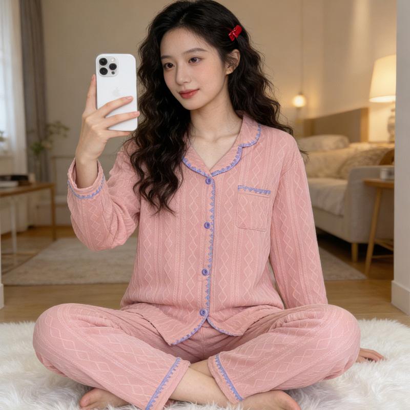 Spring malt green solid color shell hemming imitation cotton jacquard pajamas women's spring loungewear long-sleeved set