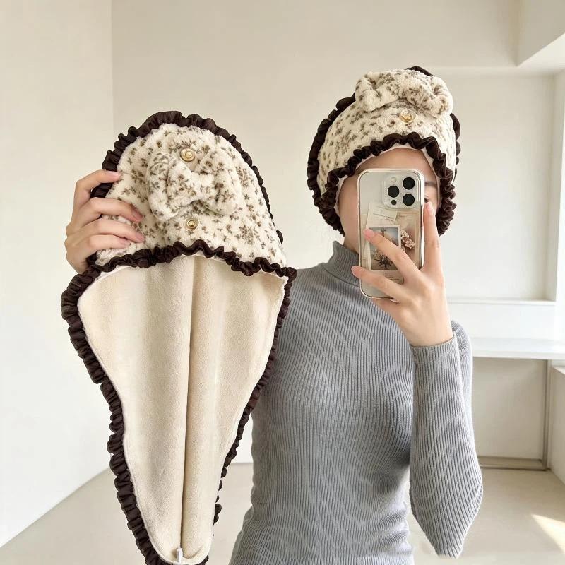Coral Fleece Bow Dry Hair Cap Super Absorbent Quick Drying Soft Printed Hair Towel Wrap for Home Bathroom Spa Use