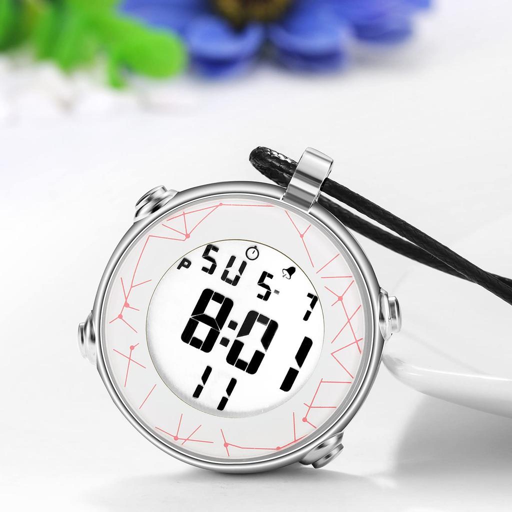 Pocket Watch Digital Pendant Watch Necklace Leather Chain 3ATM Waterproof Calendar Day of the Week Stopwatch Stylish Silver Fashion Accessory Men's