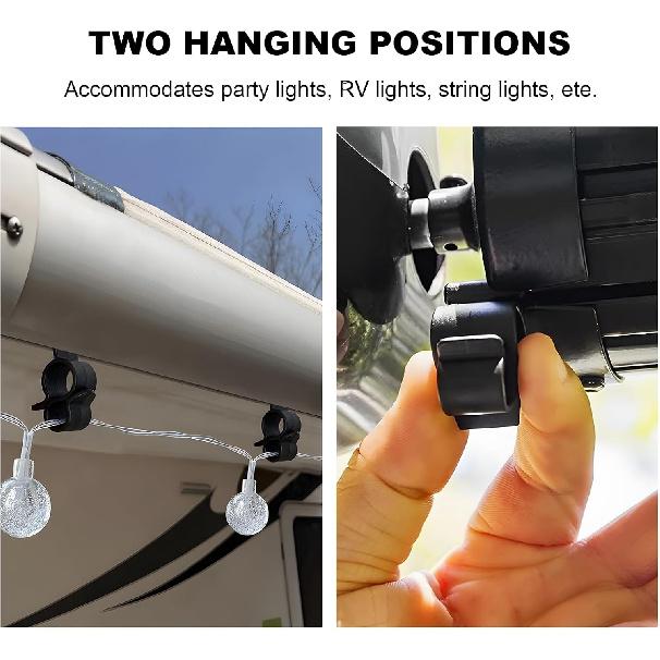10PCS Awning Clip for Rope Light, Multi Purpose Party String Light Hook Slides into Awning Roller Bar Channel, Two Hanging Positions Ceiling Hook for