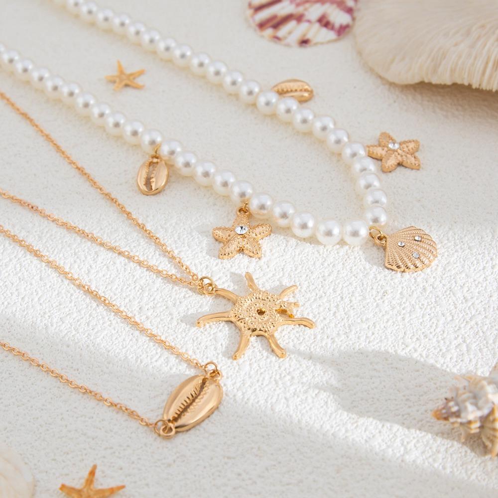 Starfish Shells Bohemia Pendant Necklace Pearl Clavicle Chain Women Neck Jewelry