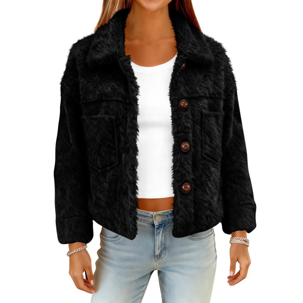 Women's Fashionable Solid Color Long Sleeved Pocket Plush Warm And Loose Casual Short Jacket