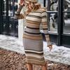 New Autumn Winter Striped Long Sleeve Round Neck Slim Fit Knit Dress