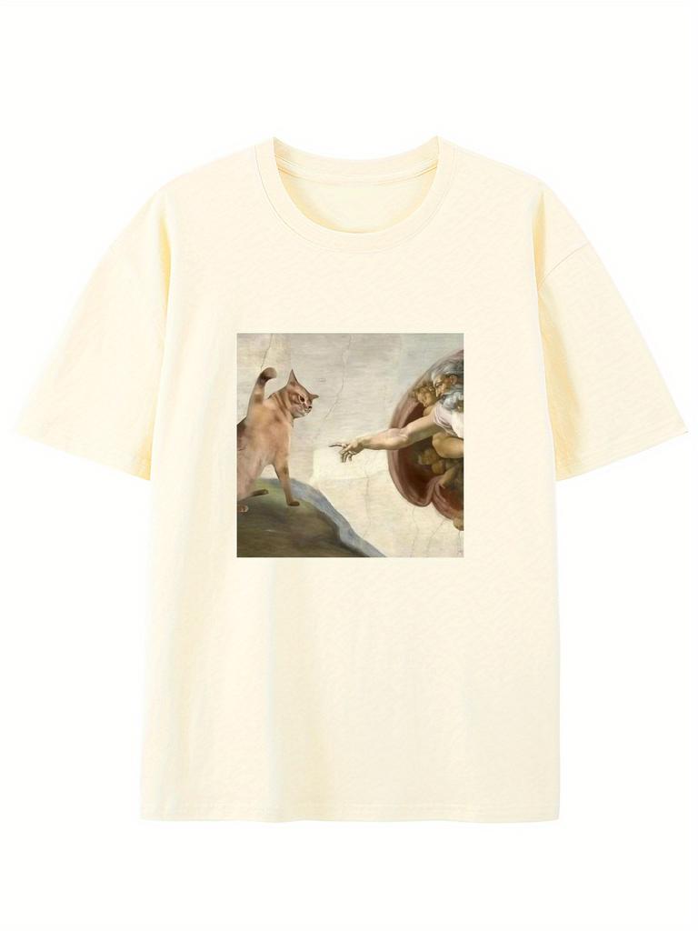 Юмористическая футболка с графическим принтом «Пародия на Сотворение Адама» с котом, повседневная футболка с круглым вырезом, приталенная, с коротким рукавом, для взрослых, летний повседневный модный топ
