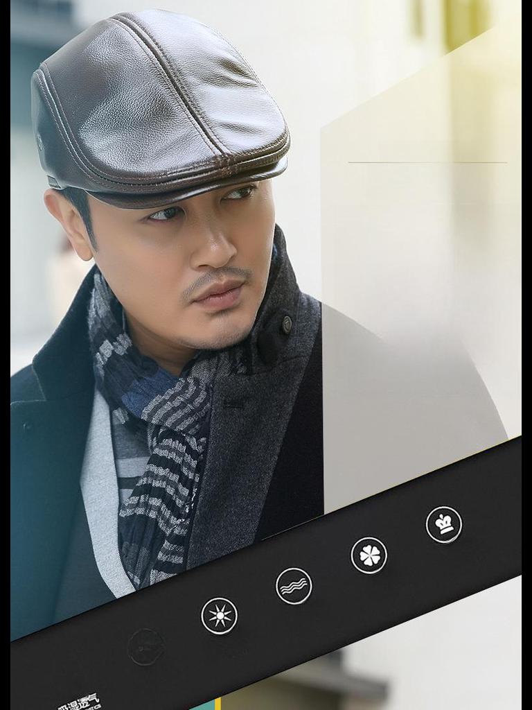 Men's Genuine Leather Duckbill Hat – Stylish, Warm, Thickened Cowhide Beret for Middle-Aged and Elderly (Autumn/Winter)