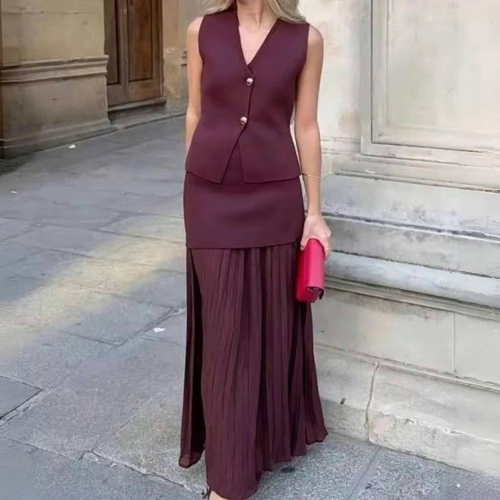 LYRIA Женский юбочный костюм Винно-красный Вязаный V-образный вырез Без рукавов Приталенный жилет + Однотонная юбка макси с высокой талией и молнией Пэчворк Уличный