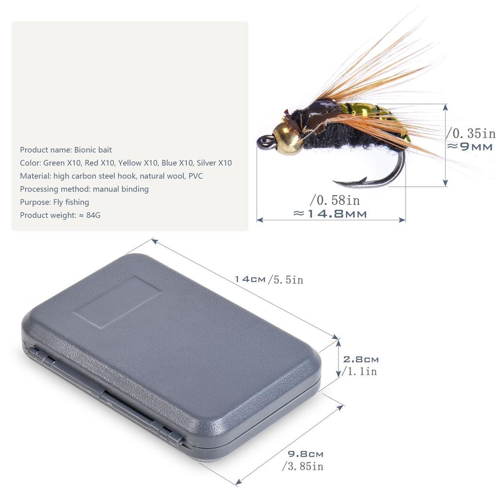 50 шт./кор., 5 цветов, ручная бионика, мушки для ловли нахлыстом для ручной ловли форели, окуня с натуральными перьями, ассортимент для ловли нахлыстом