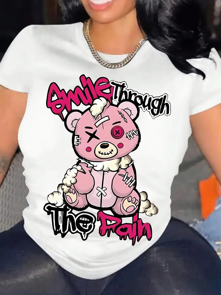 Casual Stylish Perfect for Spring Summer Fashion Teddy Bear Print Womens TShirt Soft Crew Neck Short Sleeve
