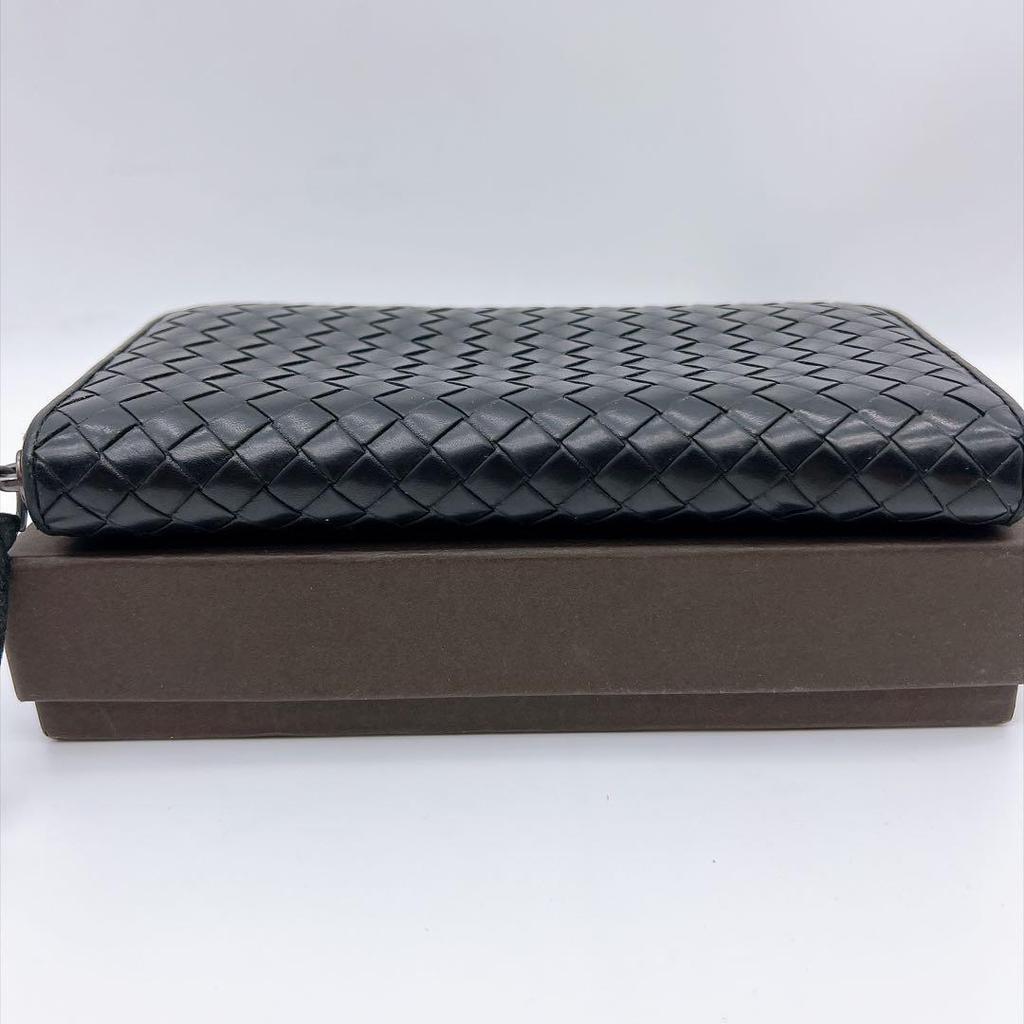 Used Bottega Veneta Intrecciato Black Long Wallet, Round Zipper, With Box