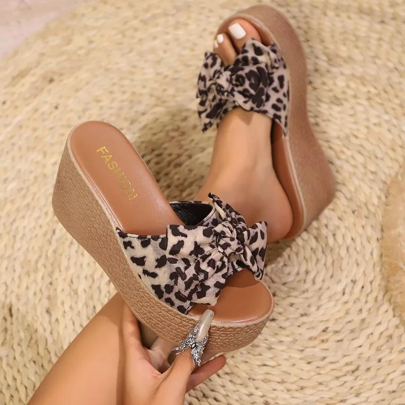Women's Wedge Slippers Leopard Print Bow Tie Waterproof Platform Slippers Outdoor Leisure Large Size Summer Zapatillas De Mujer