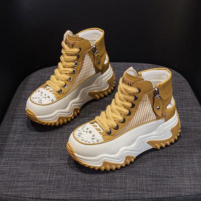 Женские летние 2025 новые кожаные через сетку кроссовки папины ретро легкие с внутренней танкеткой повседневные спортивные туфли сандалии на платформе