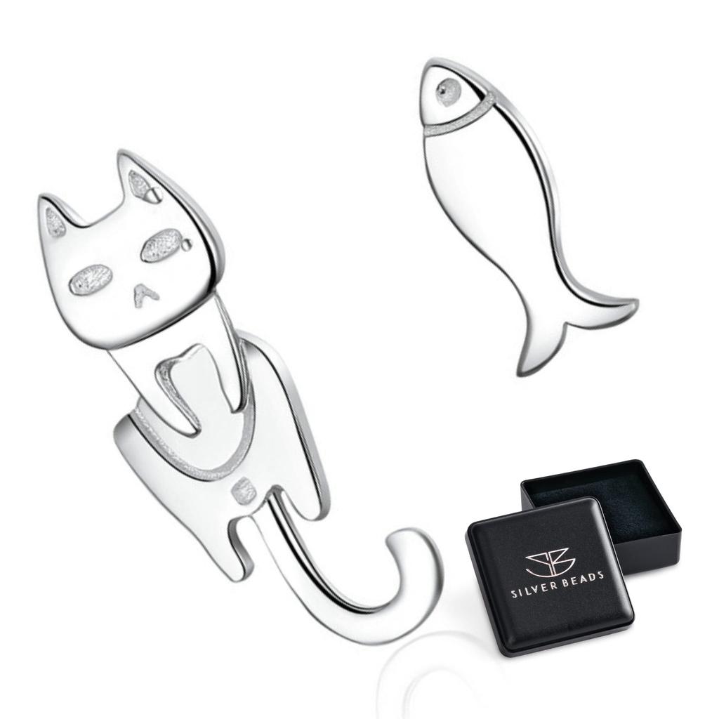 Silver cat and fish stud earrings, 925 silver