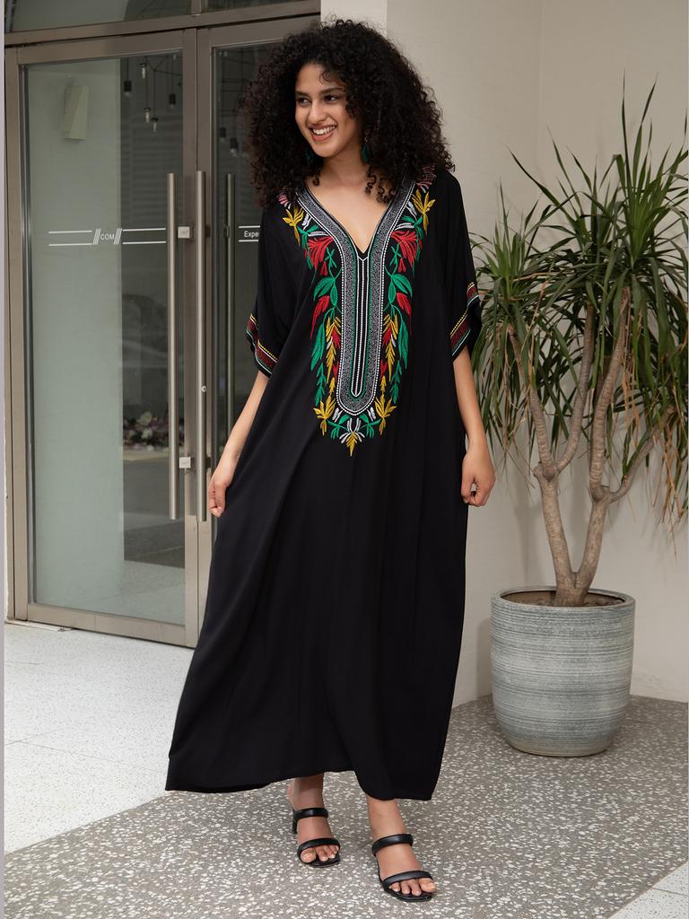 Black Maxi Dresses Women Summer Embroidery Viscose Holiday Cover Ups for Swimwear Beachwear Bathing Suits