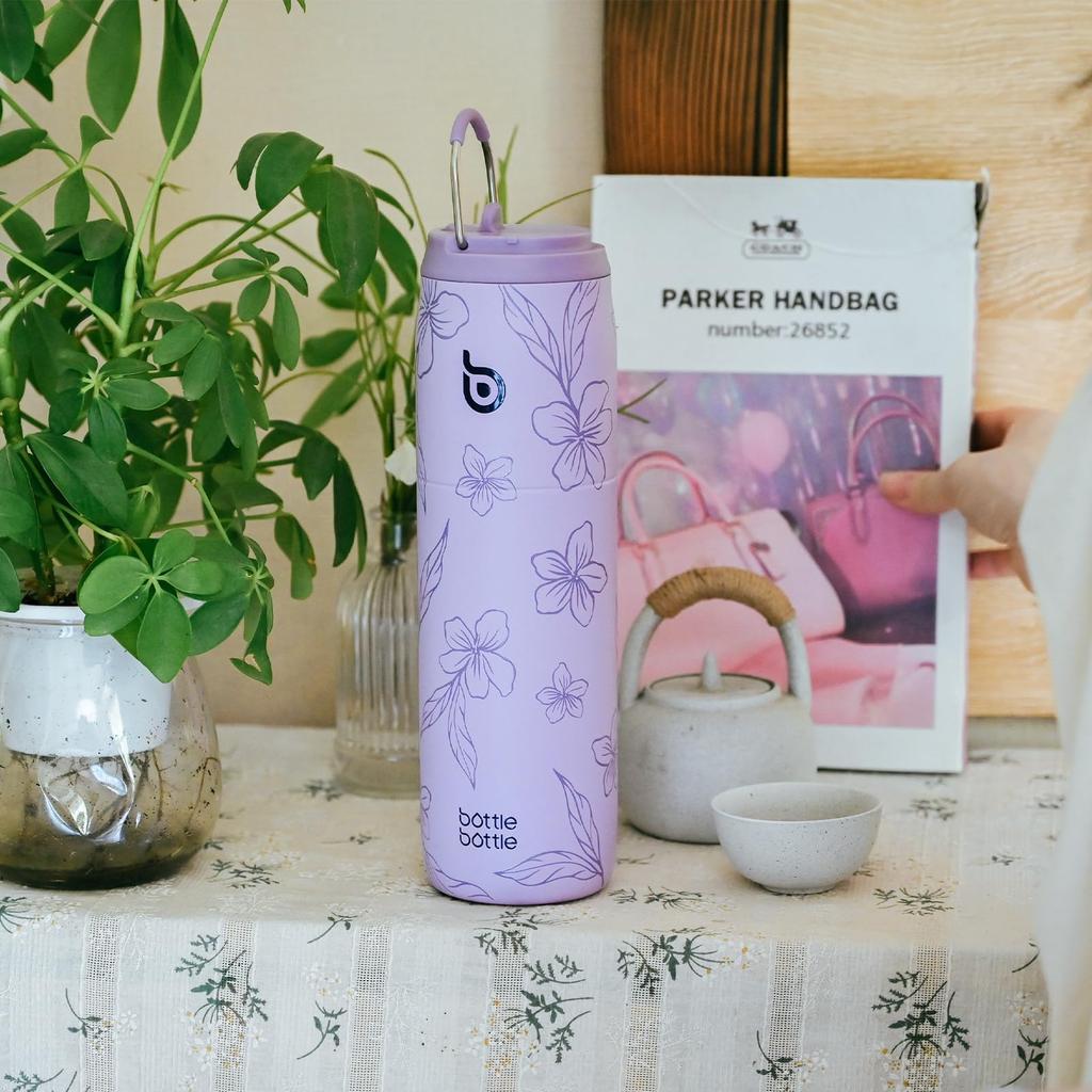 БУТЫЛКА БУТЫЛКА Вода 1 Большая вместимость с прямым вакуумом Нержавеющая сталь Двойная для девочек и бутылка Purple Bloom, литр, (1000ml), Соломинка, Питьевая,