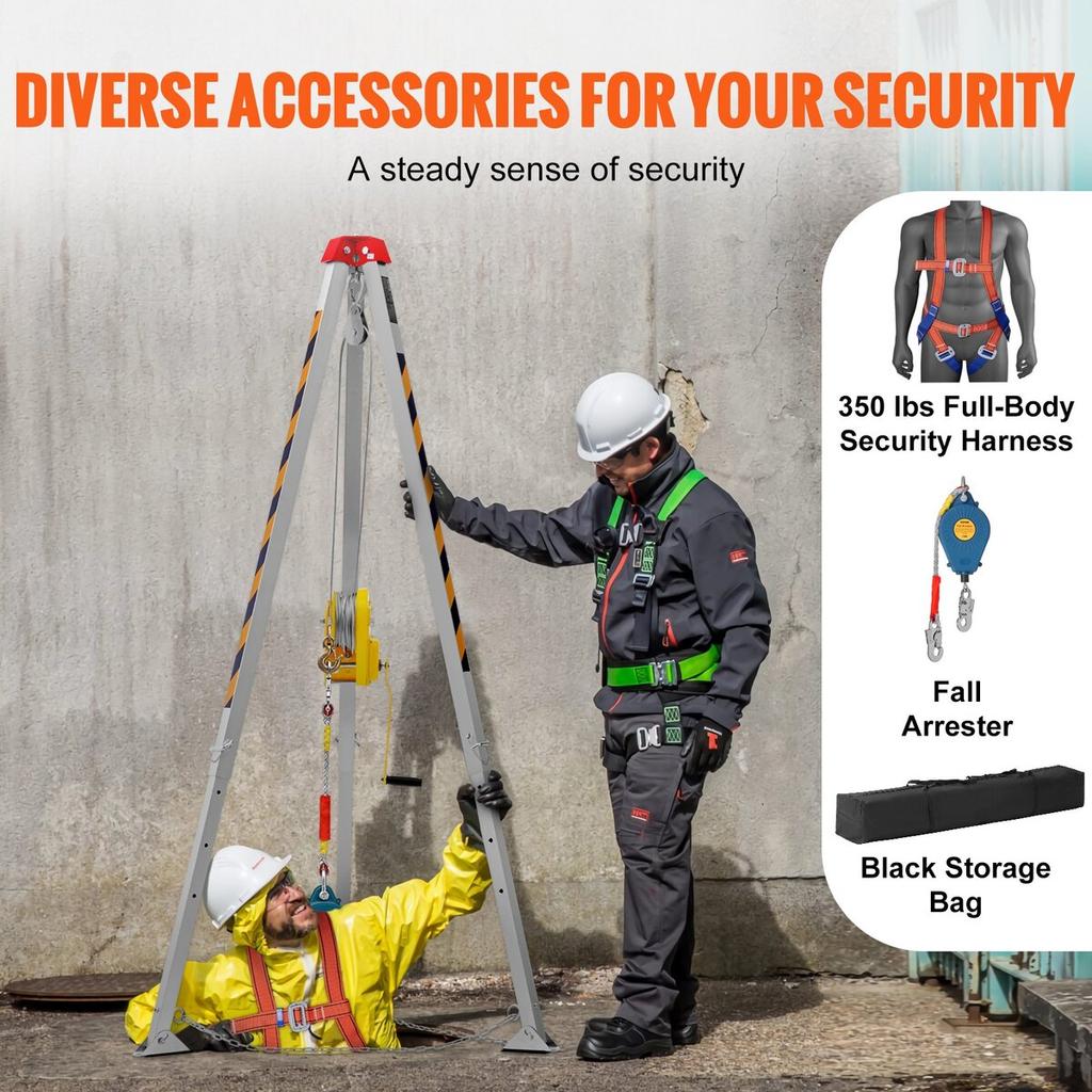 Confined Space Tripod Kit, 2600 lbs Winch, Confined Space Tripod 8' Legs and 98' Cable, Confined Space Rescue Tripod 32.8' Fall Protection, Harness,