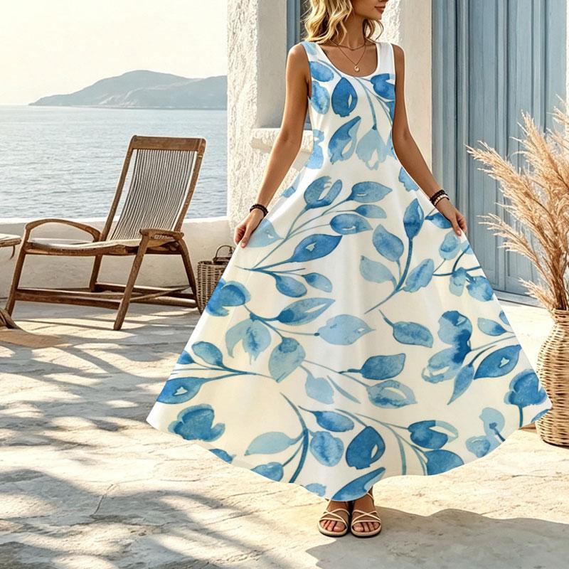 Blue Leaf Collection Sleeveless Maxi Dress,Loose Fit Lightweight Flowy Summer Dress for Picnic,Casual Gatherings,Daily Wear & Summer Beach Vacation