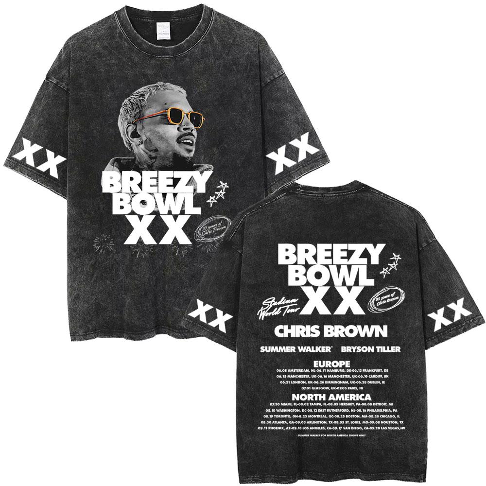 Рэпер Крис Браун Breezy Bowl XX Тур Винтажные стираные футболки Мужские Женские Хип-Хоп Модные Футболки Мужская Хлопок Ретро Футболка