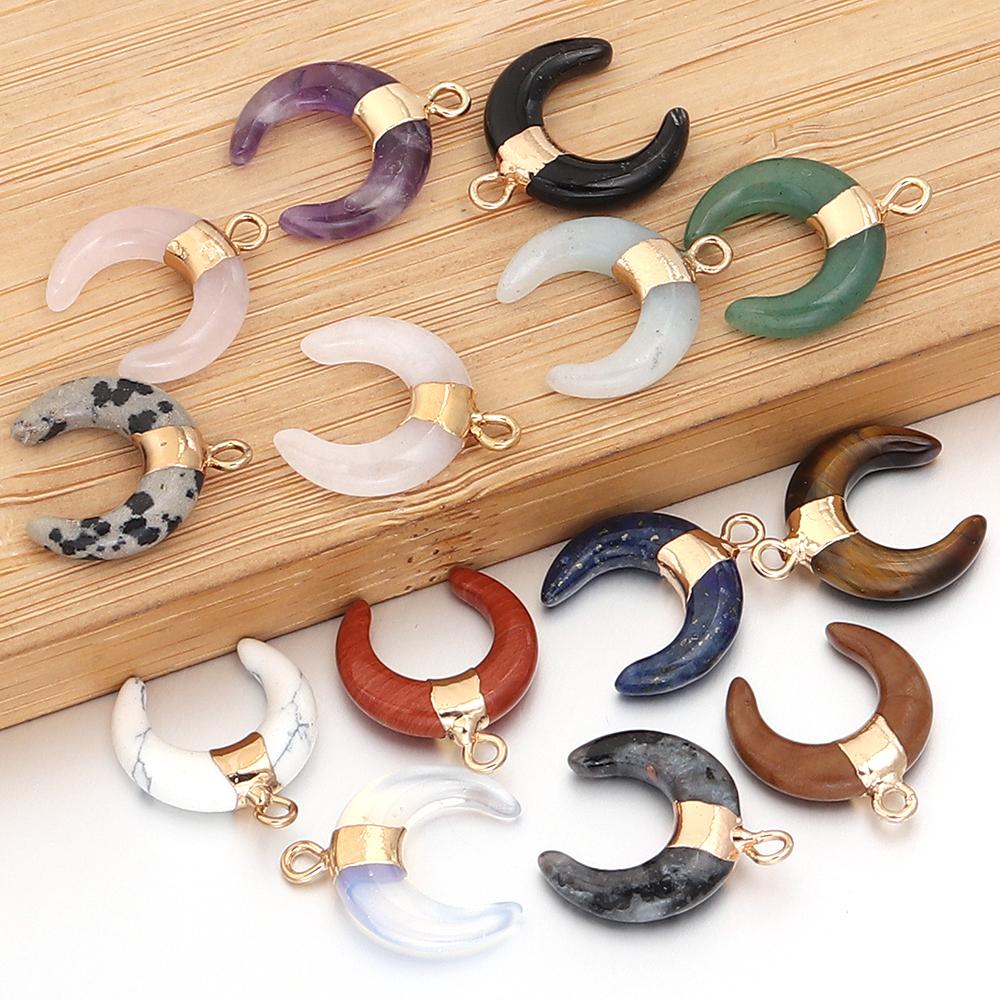 2pcs/lot Moon Shaped Natural Gem Stone Pendant Black Agate Lapis Lazuli Amethyst Charms For Jewelry Making DIY Necklace Earrings