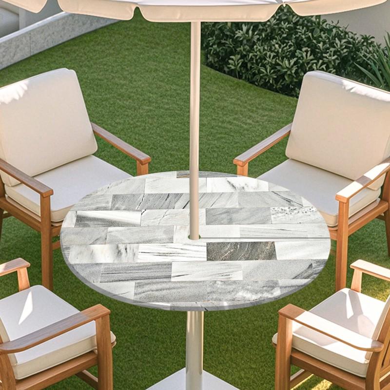 Outdoor Round Tablecloth With Tile Print Waterproof Elastic Edge Patio Garden Dining Table