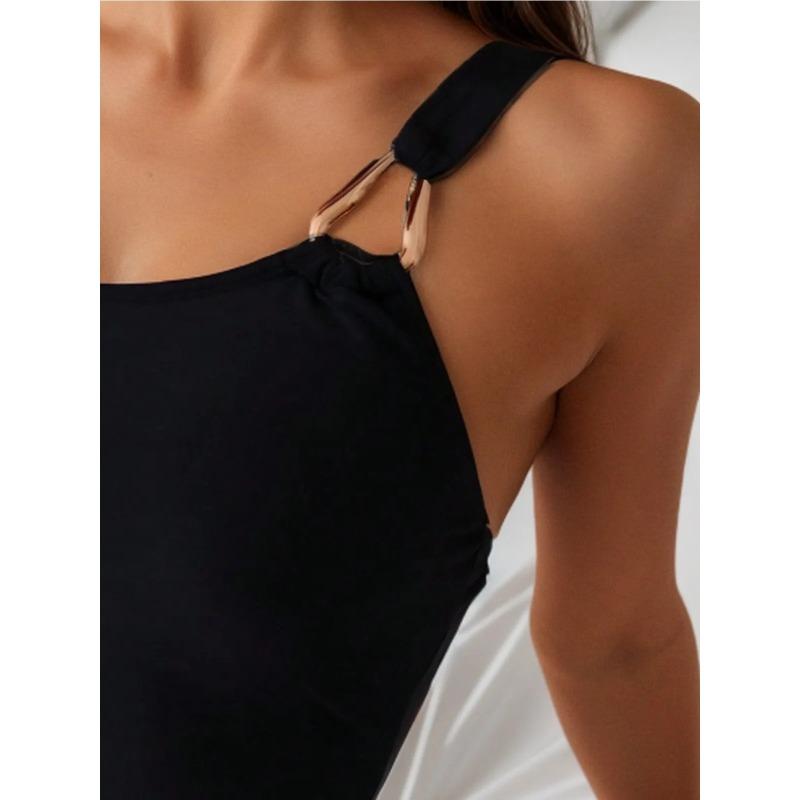 Женский слитный купальник Сексуальный однотонный черный на одно плечо с открытой спиной Бикини Стройнящий Пляжный отпуск Монокини Купальник 2024 Новый