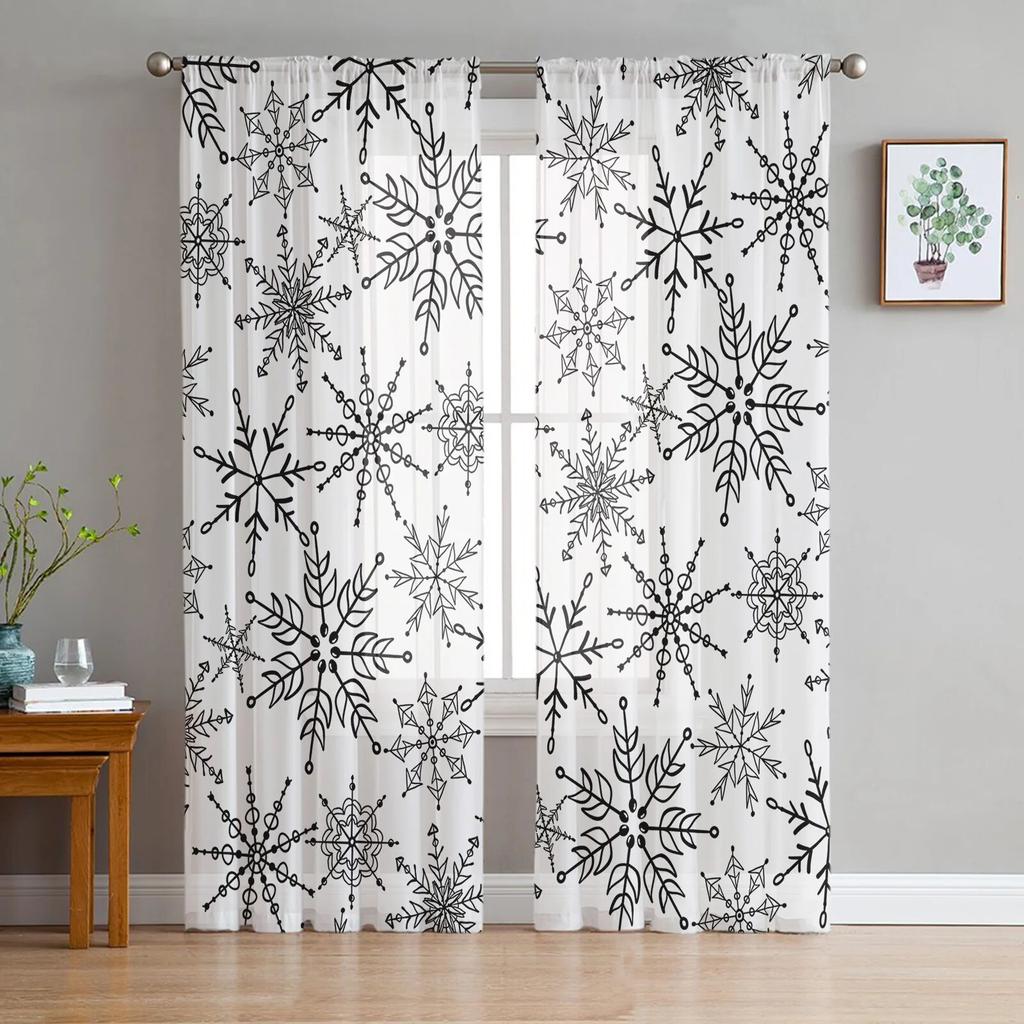 Hand Drawn Snowflake Tulle Curtains Living Room Kitchen Chiffon Curtain Bedroom Balcony Sheer Curtain Fashion Home Decor