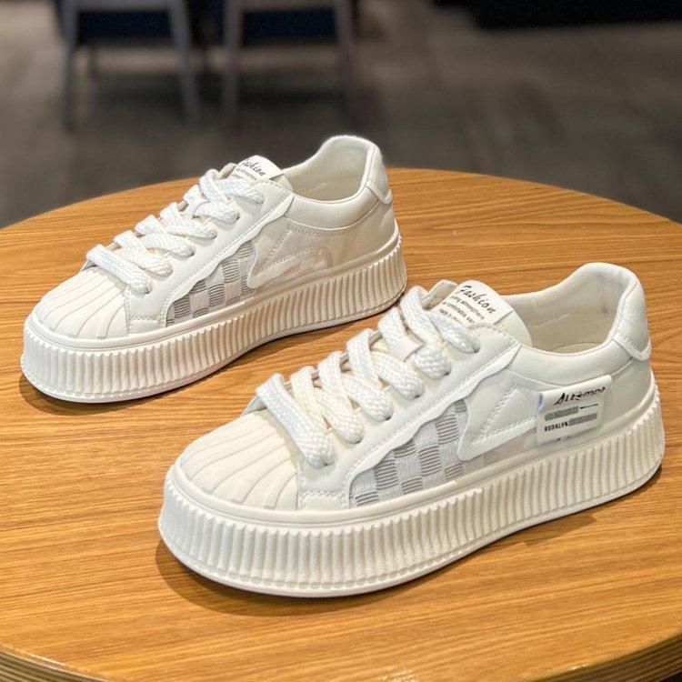 Shell Head Little White Shoes Women's 2024 Summer Thin Mesh Breathable Casual Shoes Thick Sole Heightening Lace-up Student Board Shoes