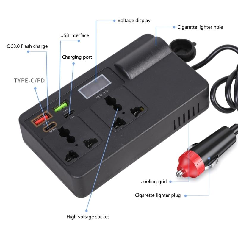 Автомобильный инвертор мощности 120 Вт с портом Type-C PD 30 В и USB-A, от DC12V-24V до 220V, адаптер-розетка в прикуриватель автомобиля, для транспортного средства
