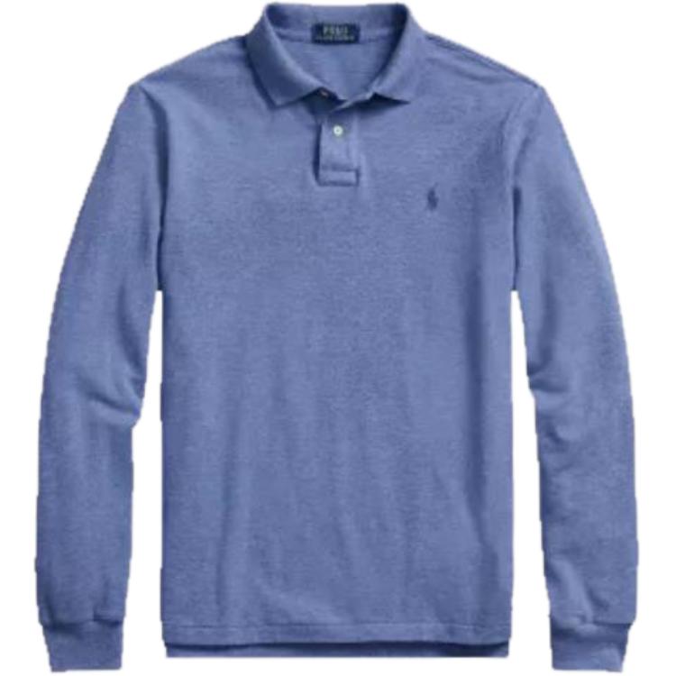 Polo Ralph Lauren FW22 Однотонная сетчатая рубашка поло с длинным рукавом и вышитым логотипом, мужские топы синего цвета MNPOKNI16822282-420