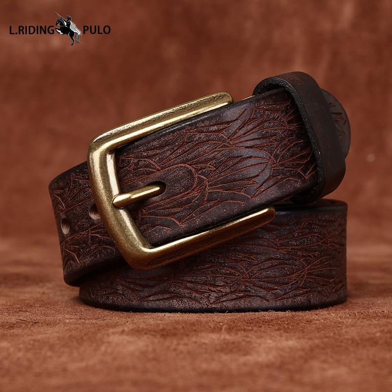 Персонализированный рельефный дизайн Утолщенный ретро ремень из натуральной кожи Мужской повседневный ремень из первого слоя коровьей кожи