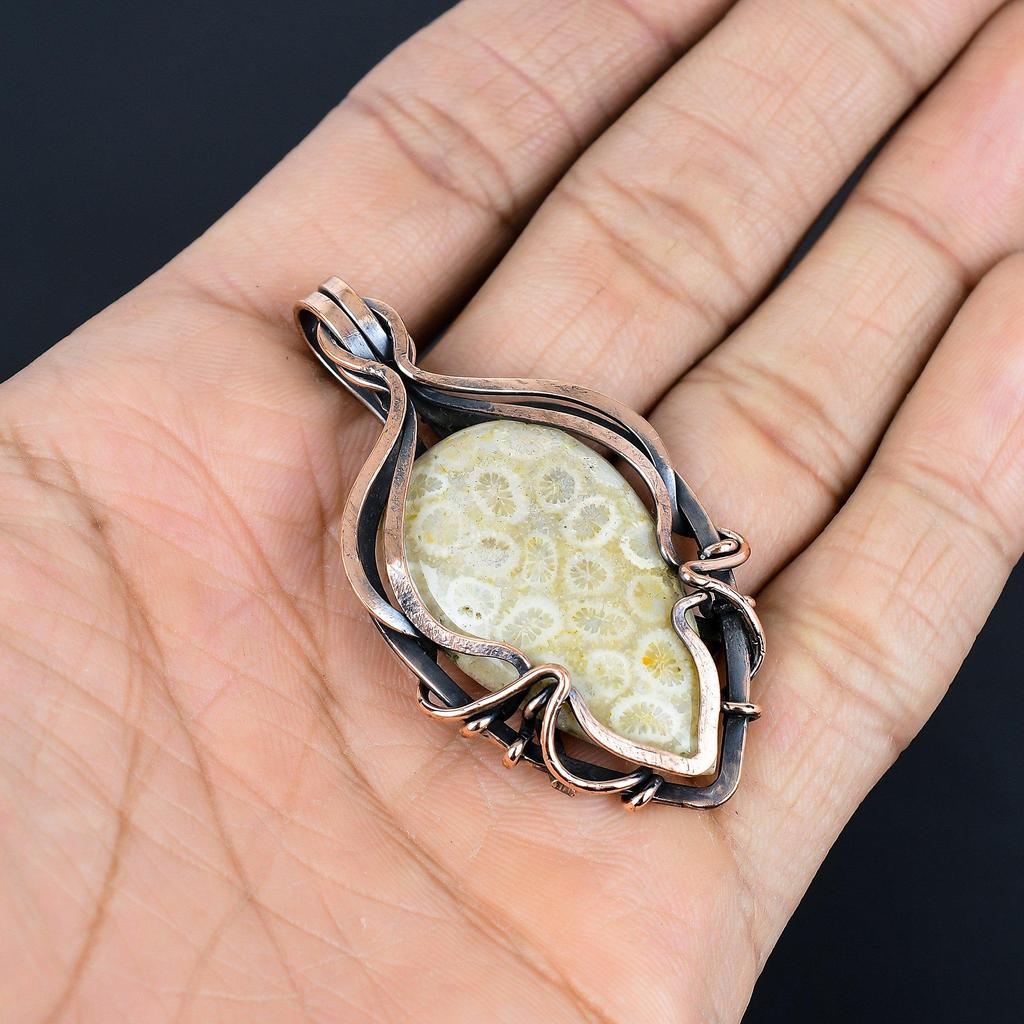 Подвеска из ископаемого коралла, обернутая медной проволокой 999 пробы, украшения из драгоценных камней ручной работы, подарки для жены, совершенно новая ювелирная подвеска