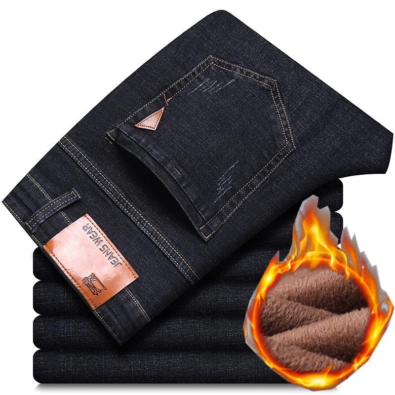 8 Types Of Blue And Black Autumn And Winter Men'S Jeans With Thick Fleece/Regular Optional Loose Straight Leg Casual Warm Outer Pants