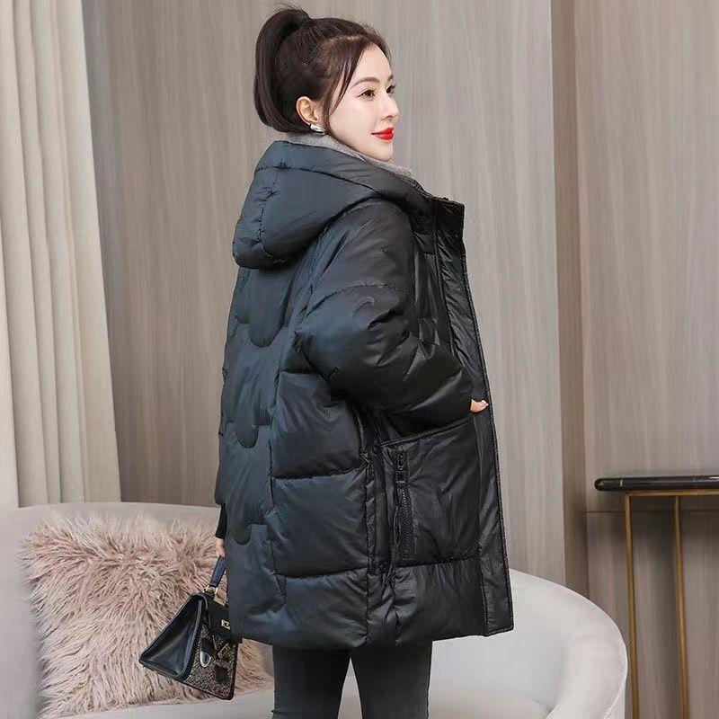 Women's Plus Size Autumn and Winter Lightweight Thin Section Padded Thickened Lapel Lapel Medium Long Zipper Hooded Warm Loose Outerwear