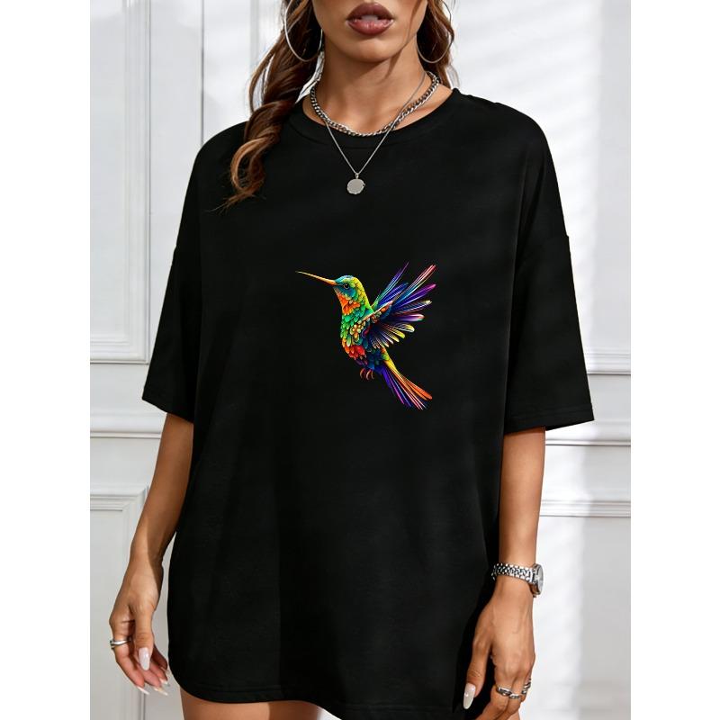 White T-Shirt With Colorful Hummingbird Print For Casual Wear