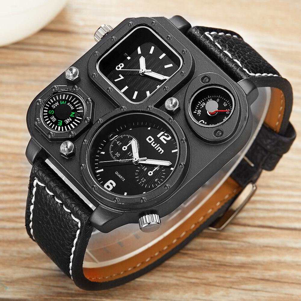 Oulm 1169 Big Dial Analog Luminous Hands Quartz Wrist Watch Clock PU Leather Band Multiple Time Zone Fashion Casual Mens Watch