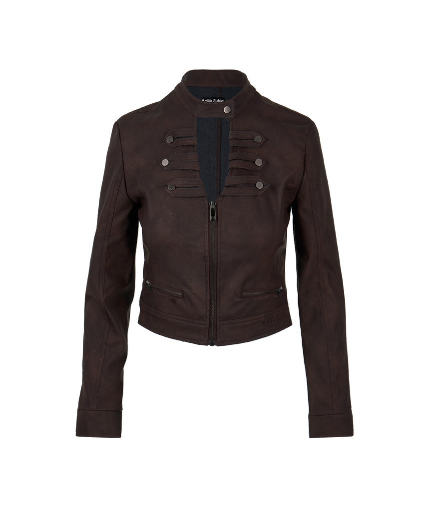 GILAARCHIVE Choker Napoleon Crop Leather Jacket_Brown