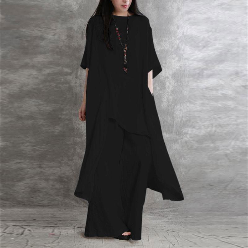 «Корейский женский спортивный комплект из двух предметов из хлопка и льна, повседневный топ с короткими рукавами и круглым вырезом, брюки, коллекция 2024 года»