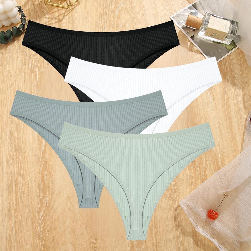FINETOO 4PCS Cotton Briefs for Lady Sexy Low-Waist Brazilian Panties Female Soft G-String Underwear T-Back Solid Lingerie Bikini