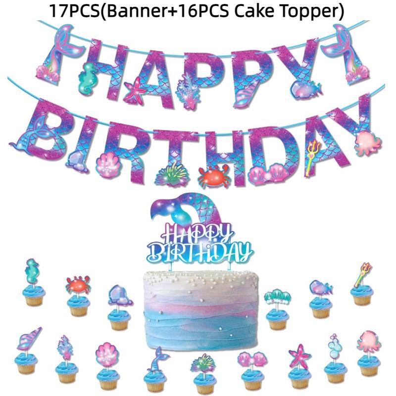 Ocean Theme Party Supplies Mermaid Birthday Celebration Banner And Cake Decorations