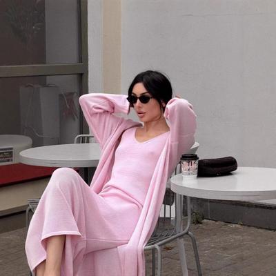 Womens Cotton Knit Tank Dress Long Sleeve Cardigan Set Soft Top Casual Daily Wear