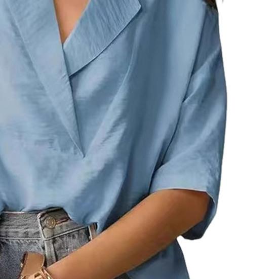 Women Shirt Loose Fit Lapel Half Sleeves Solid Color Pullover Tops Retro