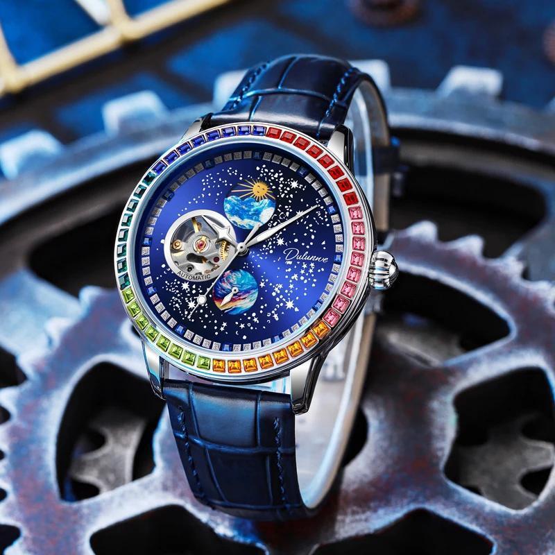 Dulunwe Business Skeleton Tourbillon Automatic Self-Winding Mechanical Watches Trend Fashion Color Diamond Sky Dial Men Watch Waterproof