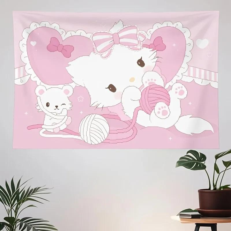 Семейная гобеленовая картина Sanrio Мультяшная Милая Декорация Комнаты Подходит для Стены Спальни Настенное Искусство Игривая И Яркая Каваи Аниме Дом